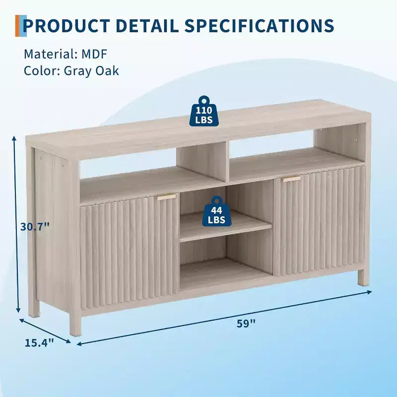 Meuble TV moderne de 150 cm pour salon, grand meuble de divertissement avec porte cannelée et étagères ouvertes, meuble console média en bois pour TV 65 pouces