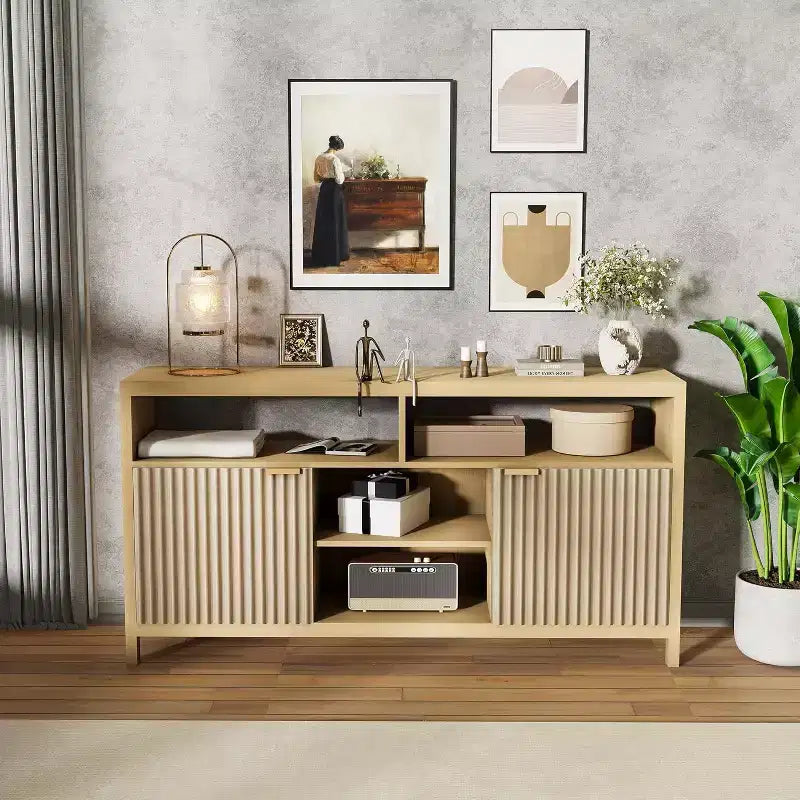 59 Modern TV Stand for Living Room, Large Entertainment Center with Fluted Door & Open Shelves, Wood Media Console Storage Cabinet for 65 Inch TV