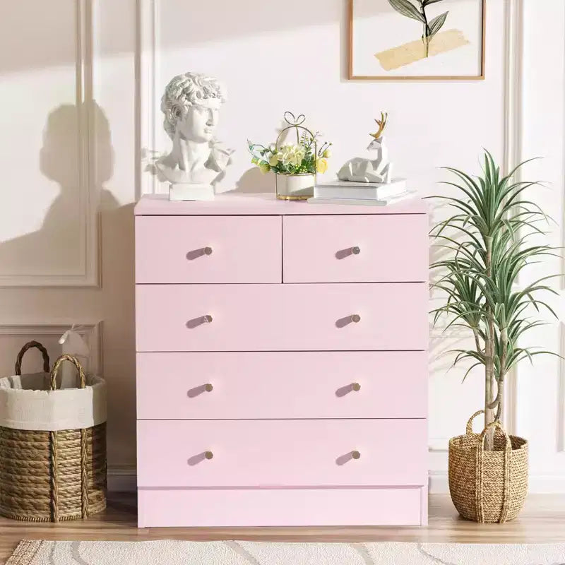Karl Home 5-Drawer Pink Particle Board 25.98in. W Chest of Drawer
