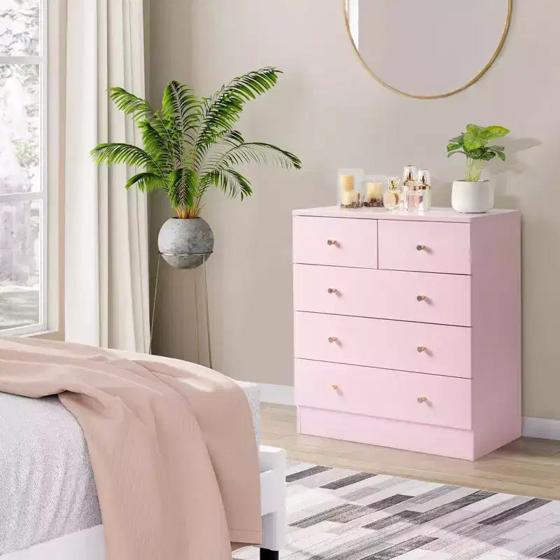Karl Home 5-Drawer Pink Particle Board 25.98in. W Chest of Drawer
