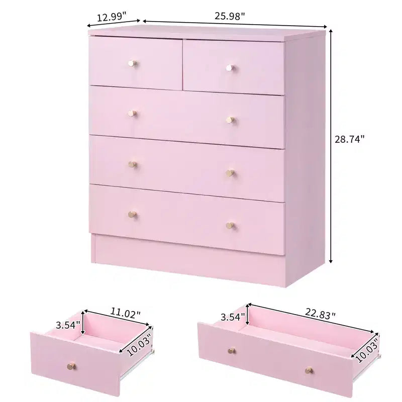 Karl Home 5-Drawer Pink Particle Board 25.98in. W Chest of Drawer
