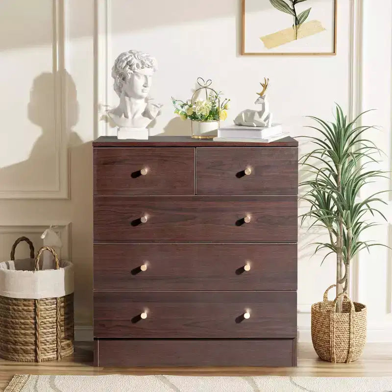 Karl Home 5-Drawer Brown Particle Board 25.98in. W Chest of Drawer
