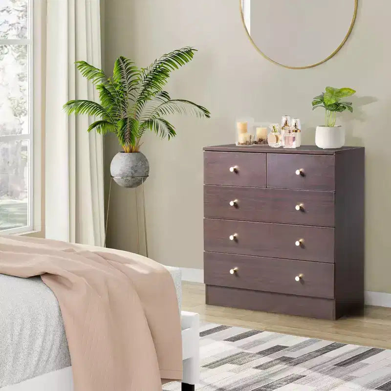 Karl Home 5-Drawer Brown Particle Board 25.98in. W Chest of Drawer