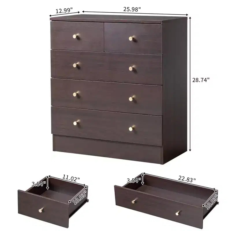 Karl Home 5-Drawer Brown Particle Board 25.98in. W Chest of Drawer