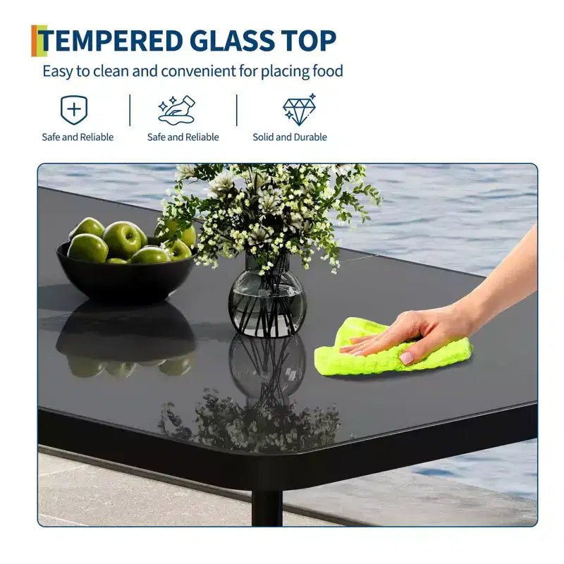 59 Tempered Glass Patio Dining Table with Metal Frame, 4-6 Person Rectangular Table