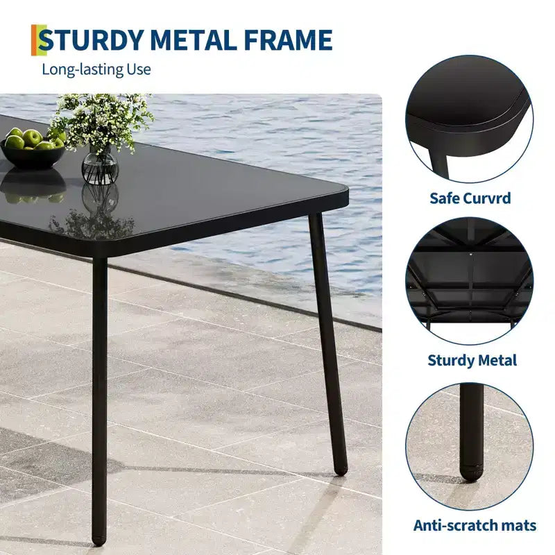 59 Tempered Glass Patio Dining Table with Metal Frame, 4-6 Person Rectangular Table