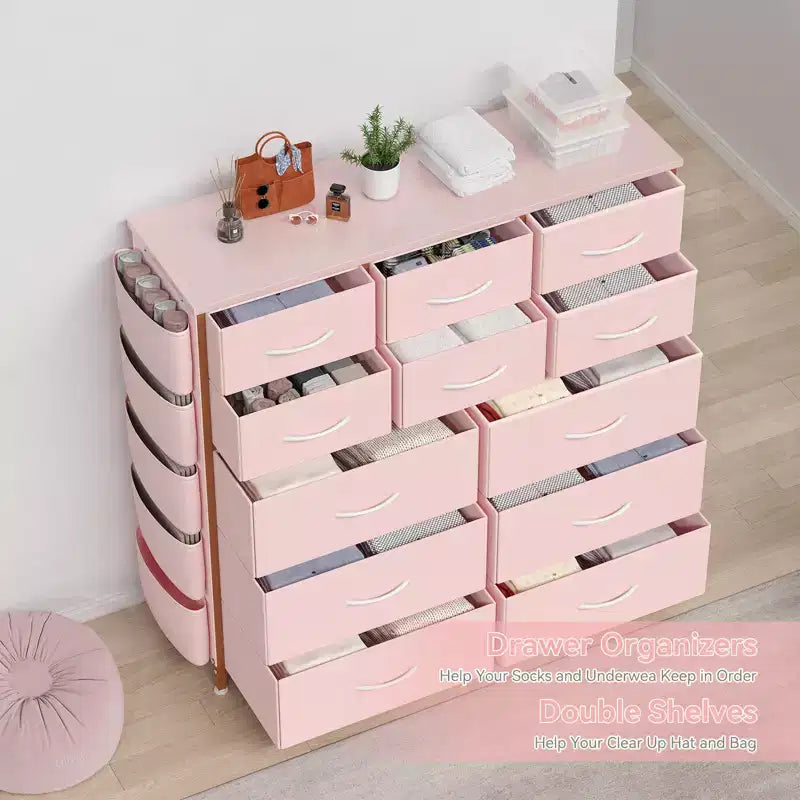 COZONY Commode à 12 tiroirs avec 5 poches latérales et 2 crochets, organiseur de rangement avec cadre en métal et plateau en bois pour chambre à coucher, placard et salon