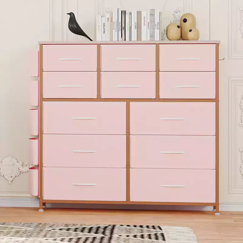 COZONY Commode à 12 tiroirs avec 5 poches latérales et 2 crochets, organiseur de rangement avec cadre en métal et plateau en bois pour chambre à coucher, placard et salon