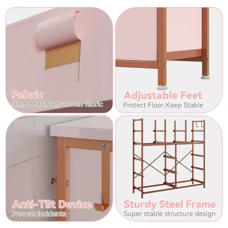 COZONY Commode à 12 tiroirs avec 5 poches latérales et 2 crochets, organiseur de rangement avec cadre en métal et plateau en bois pour chambre à coucher, placard et salon