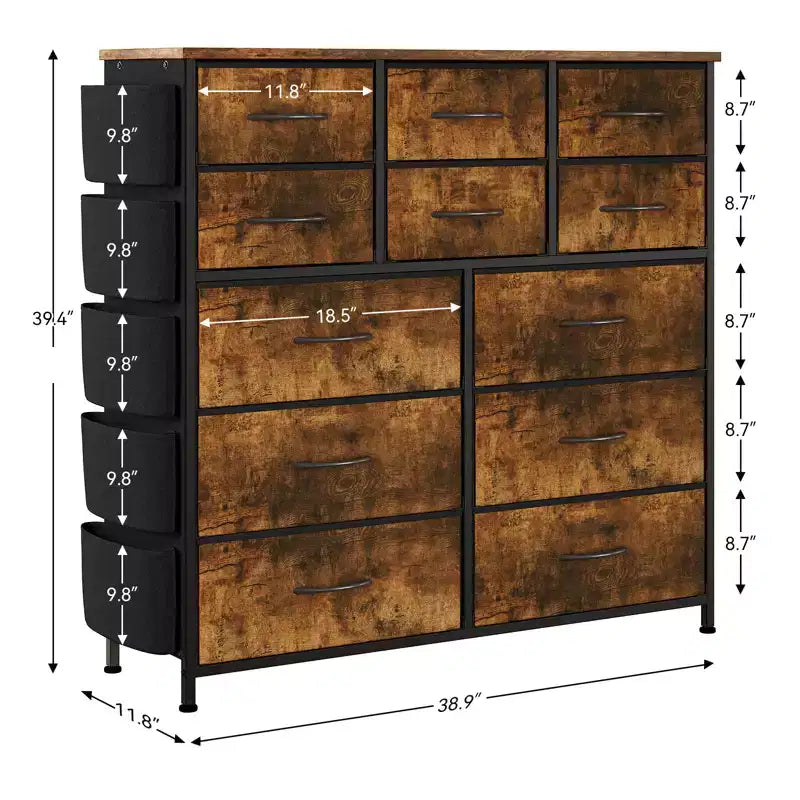 COZONY Commode à 12 tiroirs avec 5 poches latérales et 2 crochets, organiseur de rangement avec cadre en métal et plateau en bois pour chambre à coucher, placard et salon