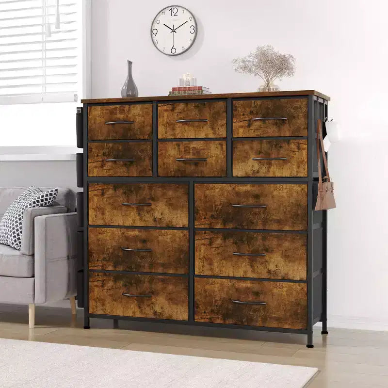 COZONY Commode à 12 tiroirs avec 5 poches latérales et 2 crochets, organiseur de rangement avec cadre en métal et plateau en bois pour chambre à coucher, placard et salon