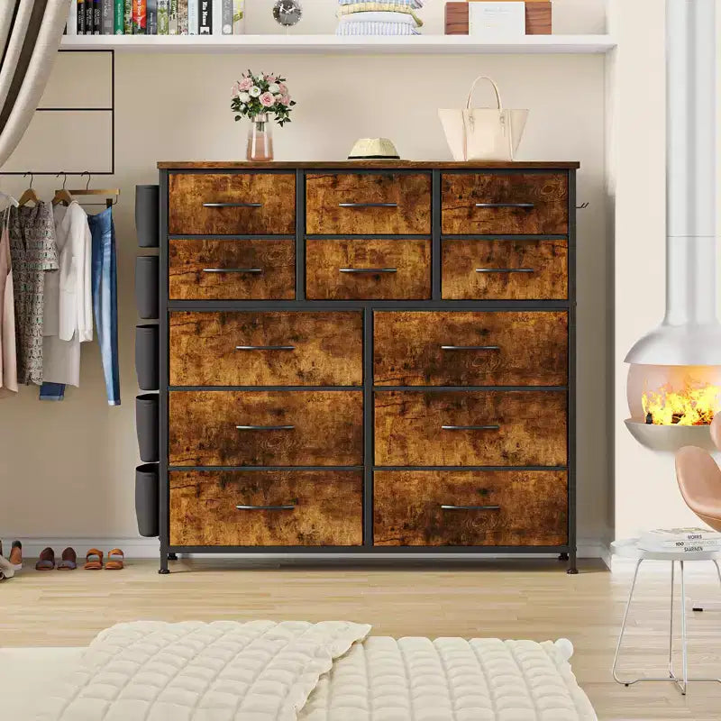 COZONY Commode à 12 tiroirs avec 5 poches latérales et 2 crochets, organiseur de rangement avec cadre en métal et plateau en bois pour chambre à coucher, placard et salon