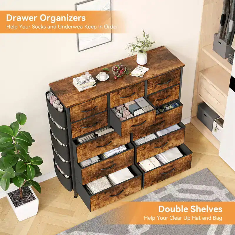 COZONY Commode à 12 tiroirs avec 5 poches latérales et 2 crochets, organiseur de rangement avec cadre en métal et plateau en bois pour chambre à coucher, placard et salon