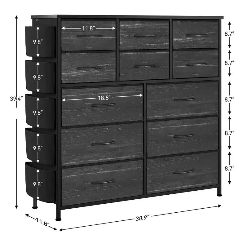 COZONY Commode à 12 tiroirs avec 5 poches latérales et 2 crochets, organiseur de rangement avec cadre en métal et plateau en bois pour chambre à coucher, placard et salon