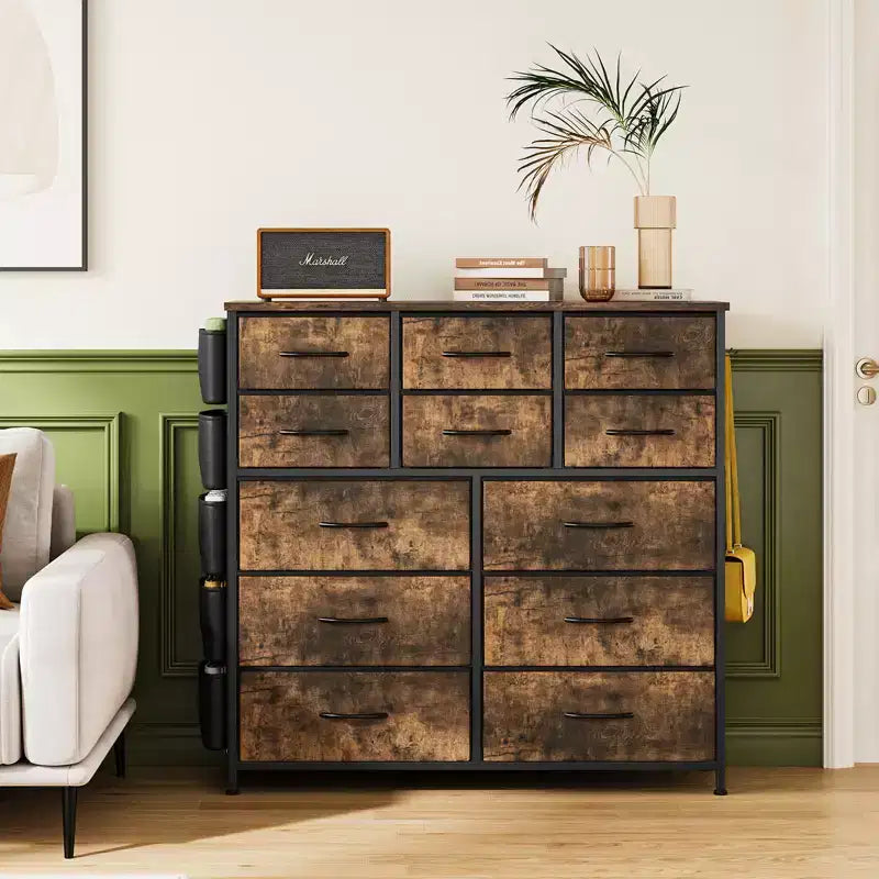 COZONY Commode à 12 tiroirs avec 5 poches latérales et 2 crochets, organiseur de rangement avec cadre en métal et plateau en bois pour chambre à coucher, placard et salon