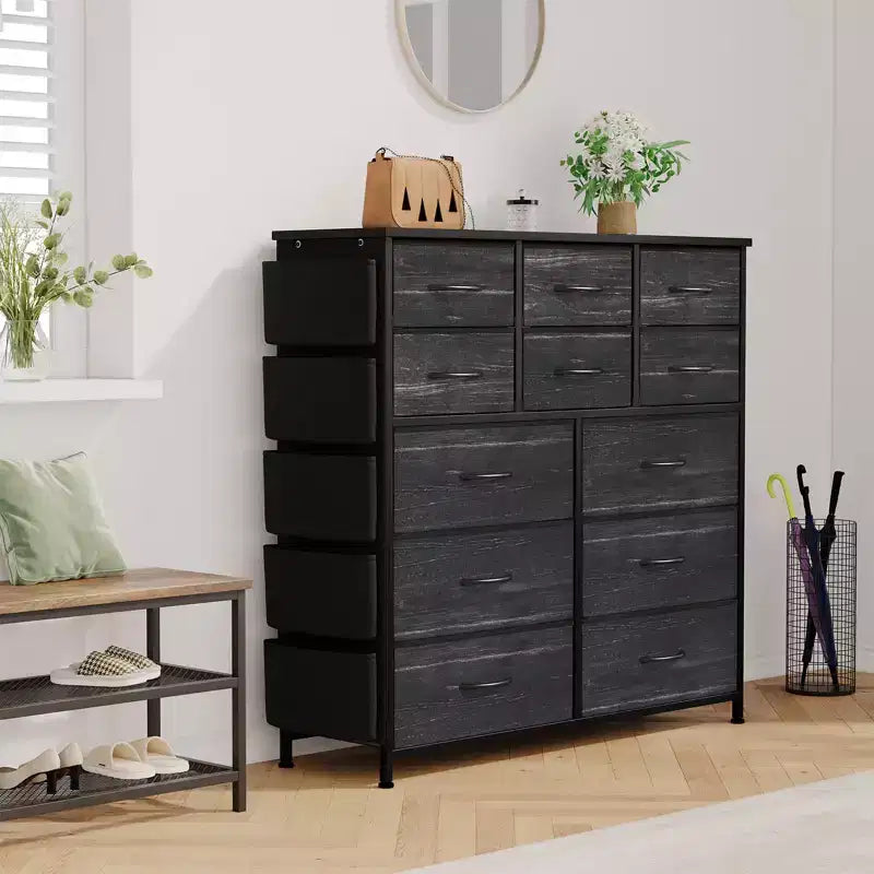 COZONY Commode à 12 tiroirs avec 5 poches latérales et 2 crochets, organiseur de rangement avec cadre en métal et plateau en bois pour chambre à coucher, placard et salon