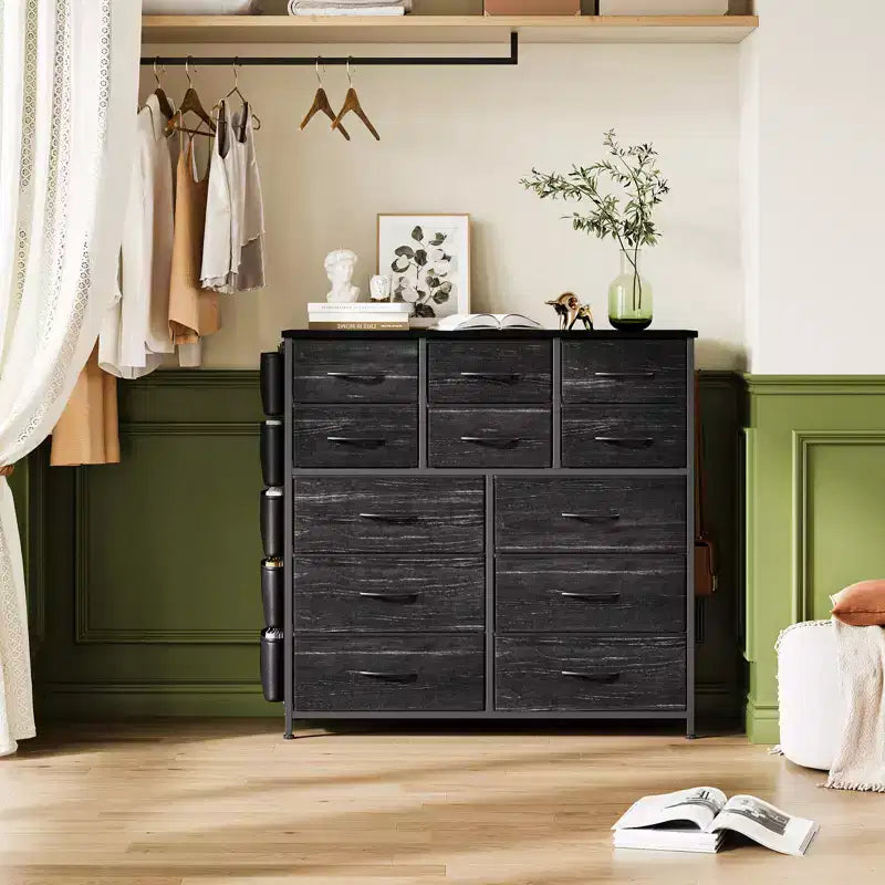COZONY Commode à 12 tiroirs avec 5 poches latérales et 2 crochets, organiseur de rangement avec cadre en métal et plateau en bois pour chambre à coucher, placard et salon
