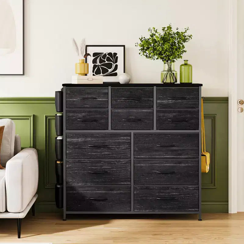 COZONY Commode à 12 tiroirs avec 5 poches latérales et 2 crochets, organiseur de rangement avec cadre en métal et plateau en bois pour chambre à coucher, placard et salon