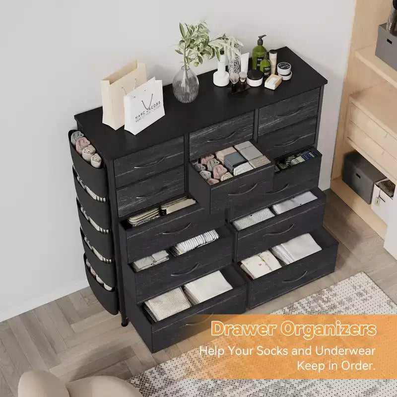 COZONY Commode à 12 tiroirs avec 5 poches latérales et 2 crochets, organiseur de rangement avec cadre en métal et plateau en bois pour chambre à coucher, placard et salon