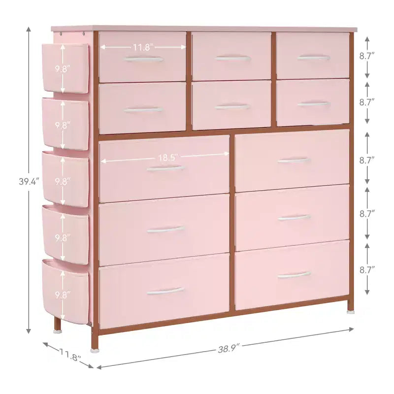 COZONY Commode à 12 tiroirs avec 5 poches latérales et 2 crochets, organiseur de rangement avec cadre en métal et plateau en bois pour chambre à coucher, placard et salon