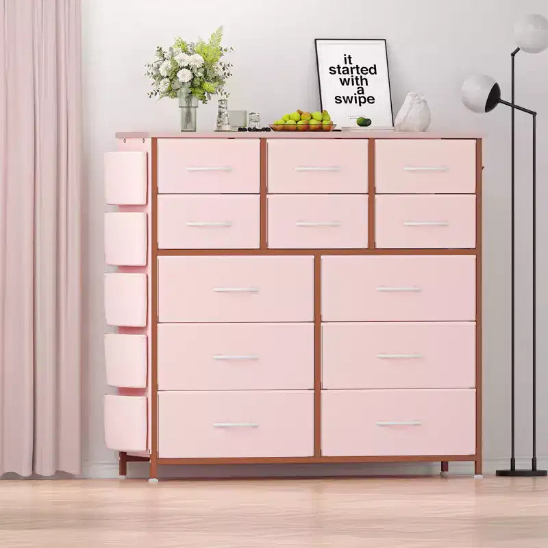 COZONY Commode à 12 tiroirs avec 5 poches latérales et 2 crochets, organiseur de rangement avec cadre en métal et plateau en bois pour chambre à coucher, placard et salon