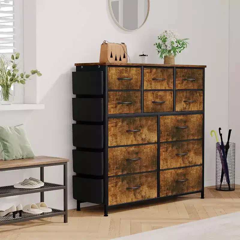 COZONY Commode à 12 tiroirs avec 5 poches latérales et 2 crochets, organiseur de rangement avec cadre en métal et plateau en bois pour chambre à coucher, placard et salon