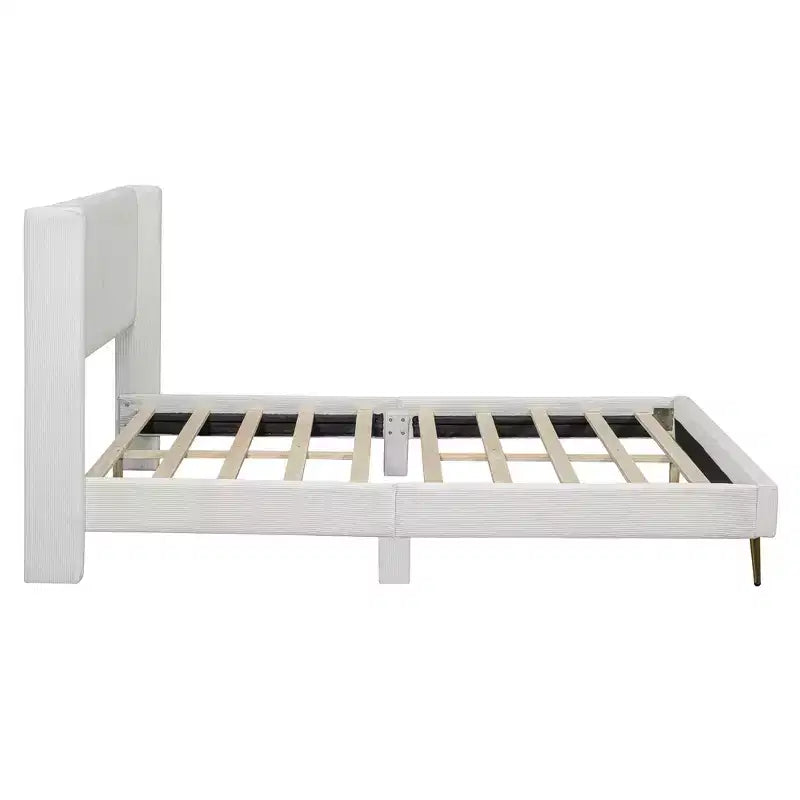 Wood Platform Bed Corduroy Upholstered with Wingback Headboard and Vertical Stripe