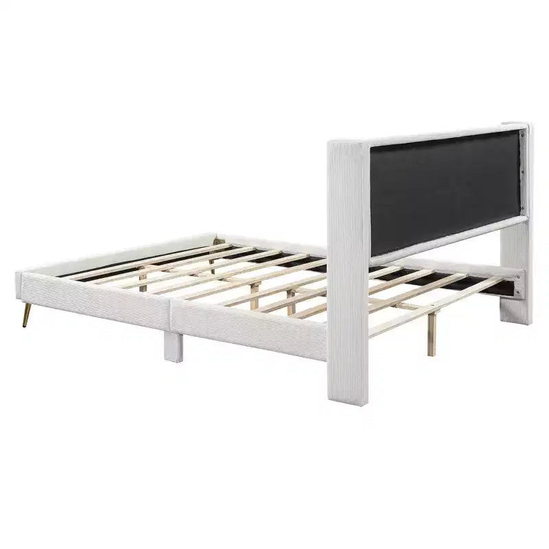 Wood Platform Bed Corduroy Upholstered with Wingback Headboard and Vertical Stripe