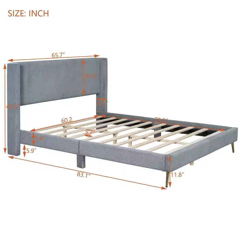 Wood Platform Bed Corduroy Upholstered with Wingback Headboard and Vertical Stripe
