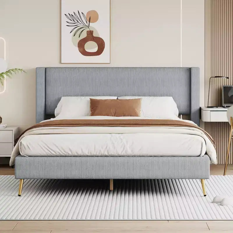 Wood Platform Bed Corduroy Upholstered with Wingback Headboard and Vertical Stripe