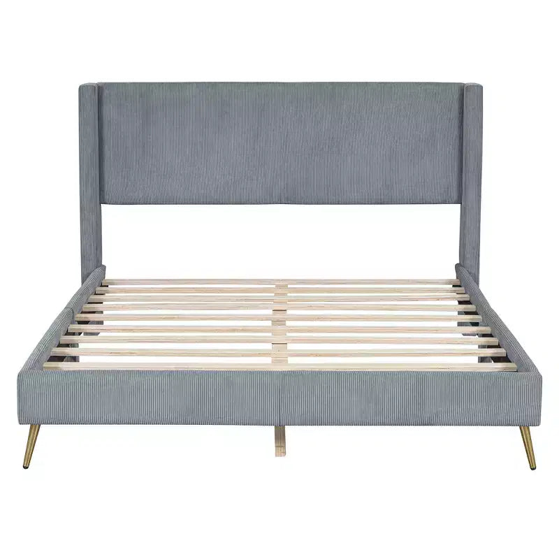 Wood Platform Bed Corduroy Upholstered with Wingback Headboard and Vertical Stripe