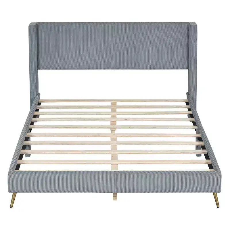 Wood Platform Bed Corduroy Upholstered with Wingback Headboard and Vertical Stripe