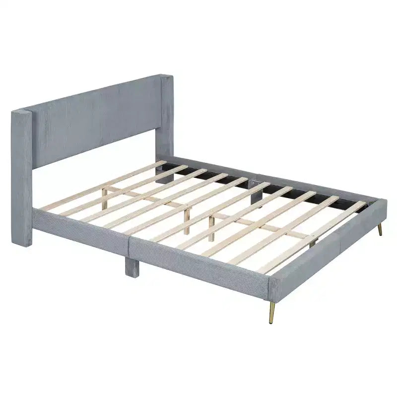 Wood Platform Bed Corduroy Upholstered with Wingback Headboard and Vertical Stripe
