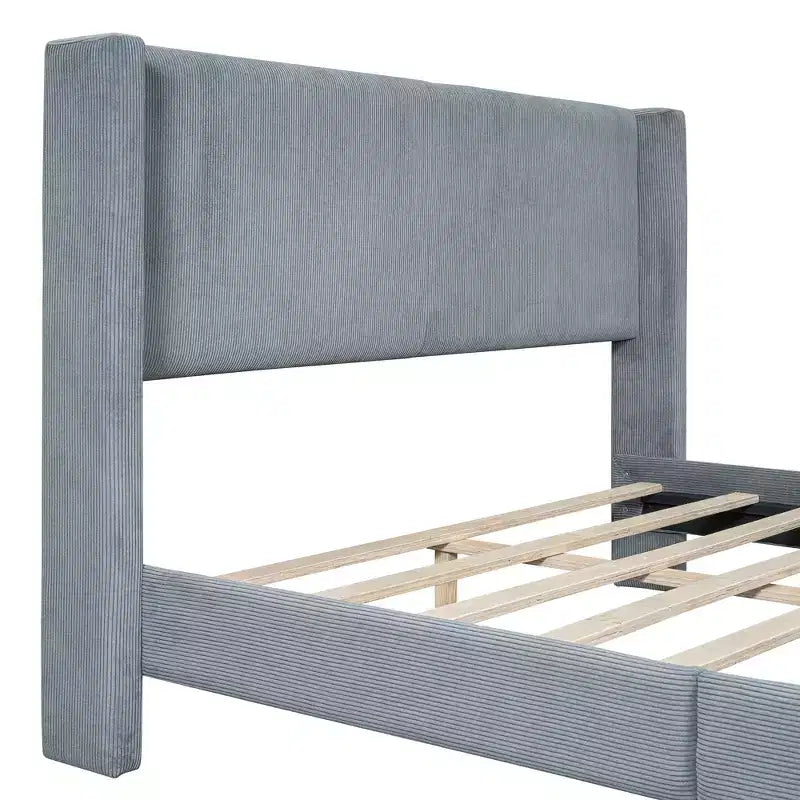 Wood Platform Bed Corduroy Upholstered with Wingback Headboard and Vertical Stripe