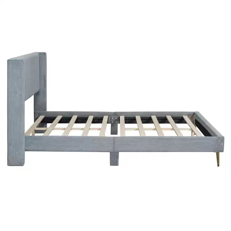 Wood Platform Bed Corduroy Upholstered with Wingback Headboard and Vertical Stripe