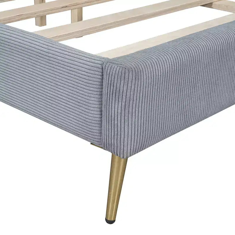 Wood Platform Bed Corduroy Upholstered with Wingback Headboard and Vertical Stripe