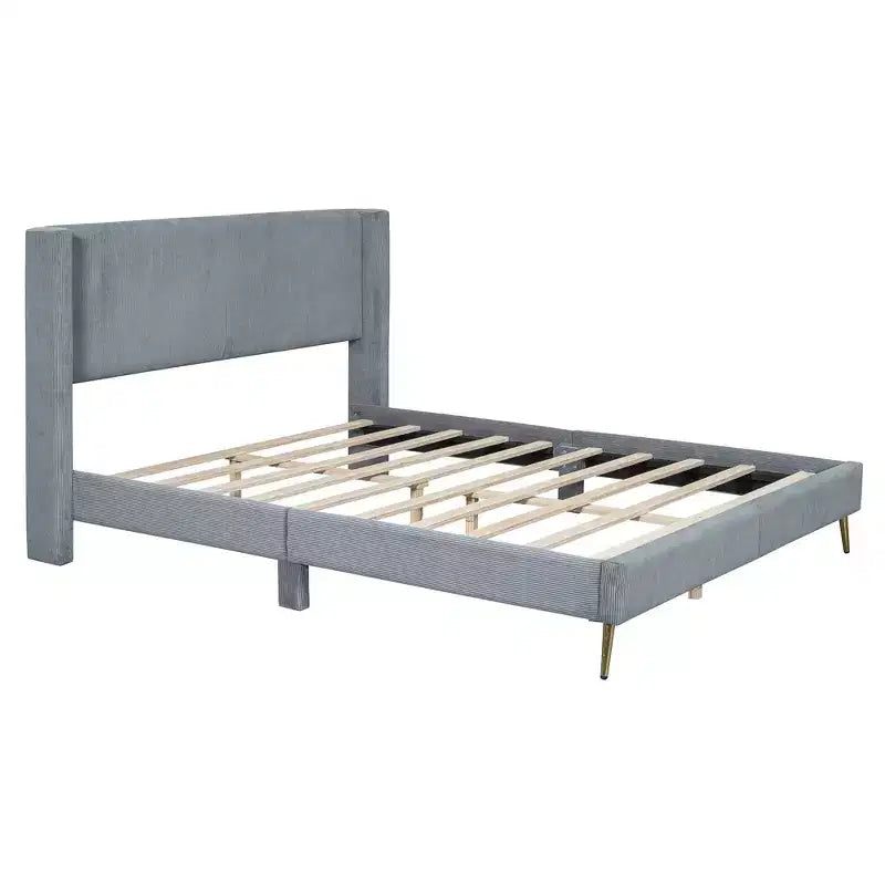 Wood Platform Bed Corduroy Upholstered with Wingback Headboard and Vertical Stripe