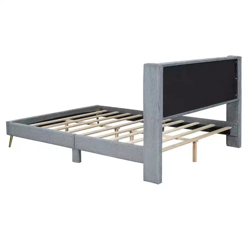 Wood Platform Bed Corduroy Upholstered with Wingback Headboard and Vertical Stripe