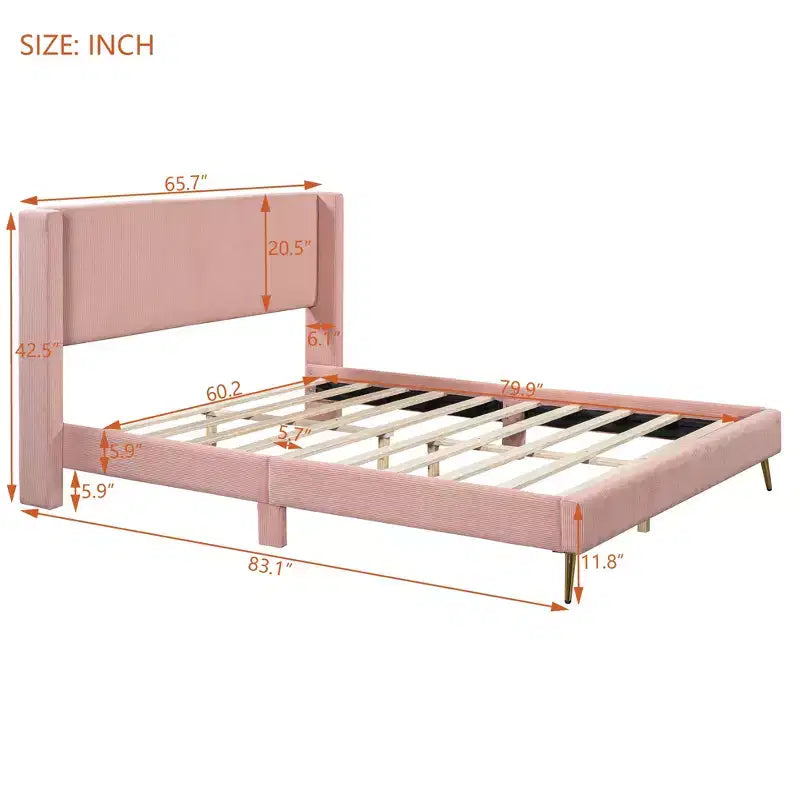 Wood Platform Bed Corduroy Upholstered with Wingback Headboard and Vertical Stripe