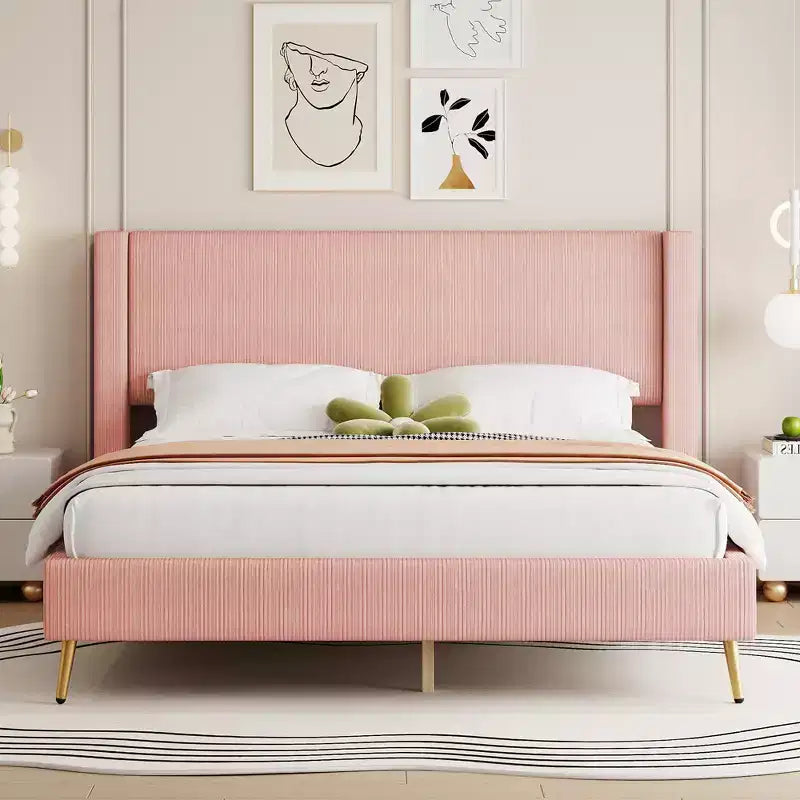 Wood Platform Bed Corduroy Upholstered with Wingback Headboard and Vertical Stripe