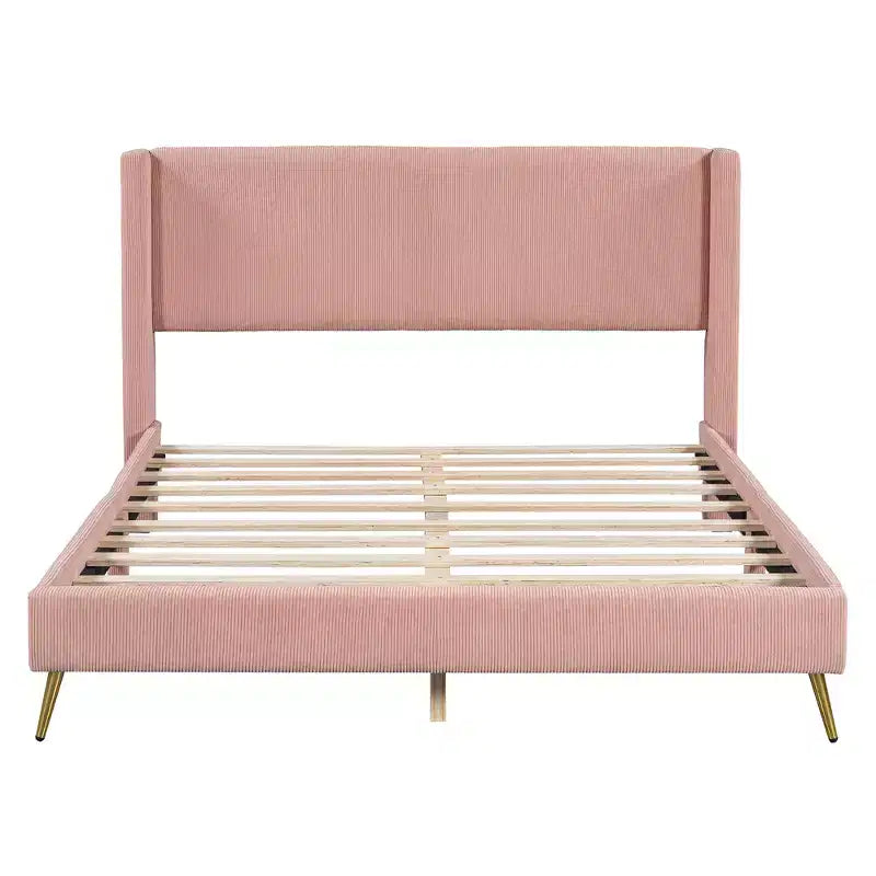 Wood Platform Bed Corduroy Upholstered with Wingback Headboard and Vertical Stripe