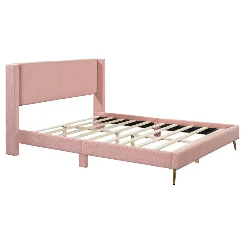 Wood Platform Bed Corduroy Upholstered with Wingback Headboard and Vertical Stripe