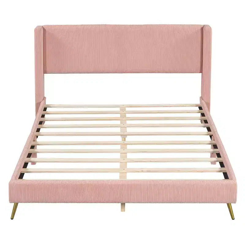 Wood Platform Bed Corduroy Upholstered with Wingback Headboard and Vertical Stripe