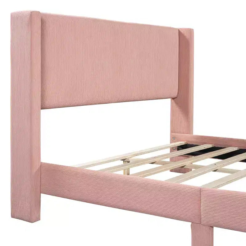 Wood Platform Bed Corduroy Upholstered with Wingback Headboard and Vertical Stripe
