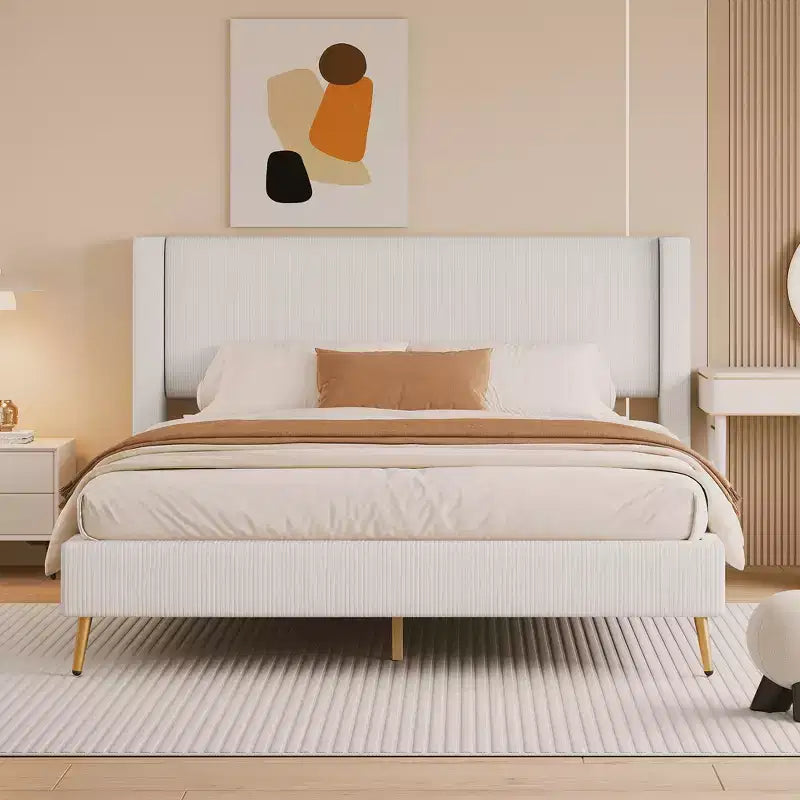 Wood Platform Bed Corduroy Upholstered with Wingback Headboard and Vertical Stripe