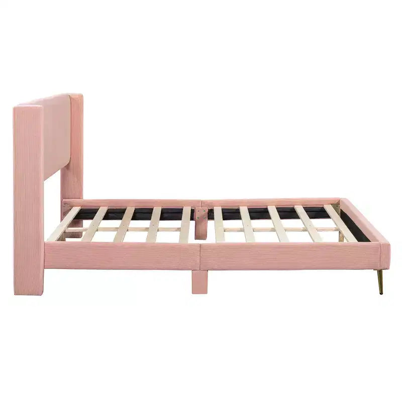 Wood Platform Bed Corduroy Upholstered with Wingback Headboard and Vertical Stripe