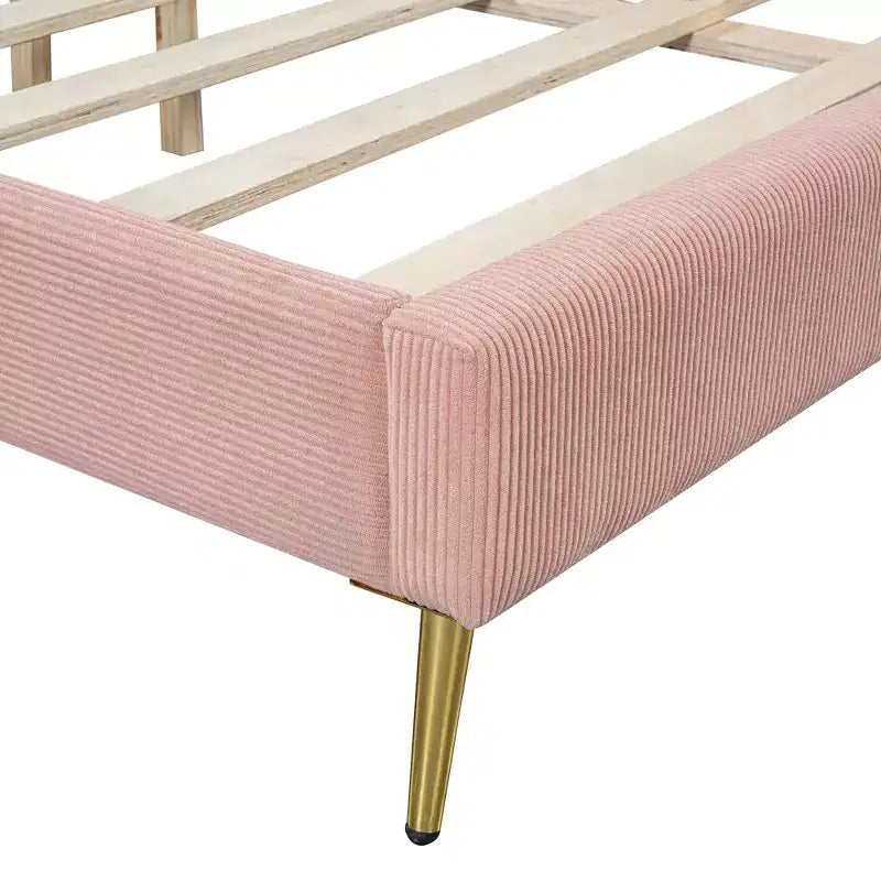 Wood Platform Bed Corduroy Upholstered with Wingback Headboard and Vertical Stripe