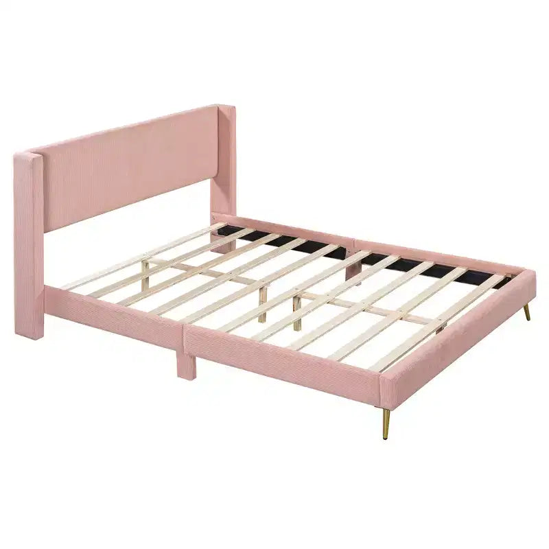 Wood Platform Bed Corduroy Upholstered with Wingback Headboard and Vertical Stripe