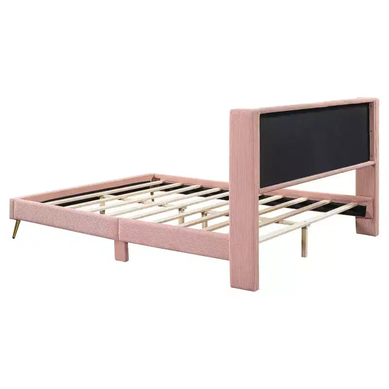 Wood Platform Bed Corduroy Upholstered with Wingback Headboard and Vertical Stripe