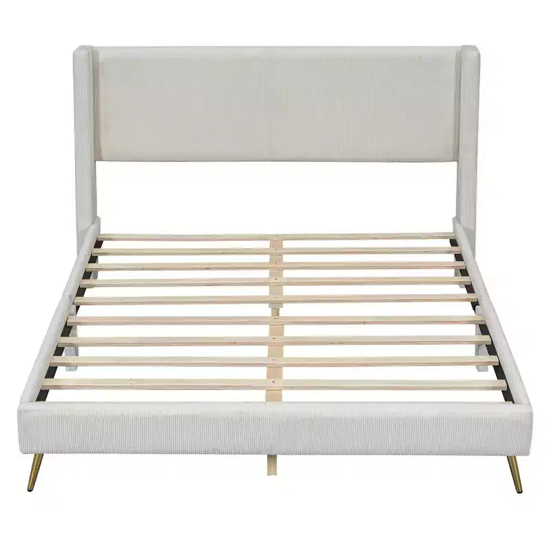 Wood Platform Bed Corduroy Upholstered with Wingback Headboard and Vertical Stripe